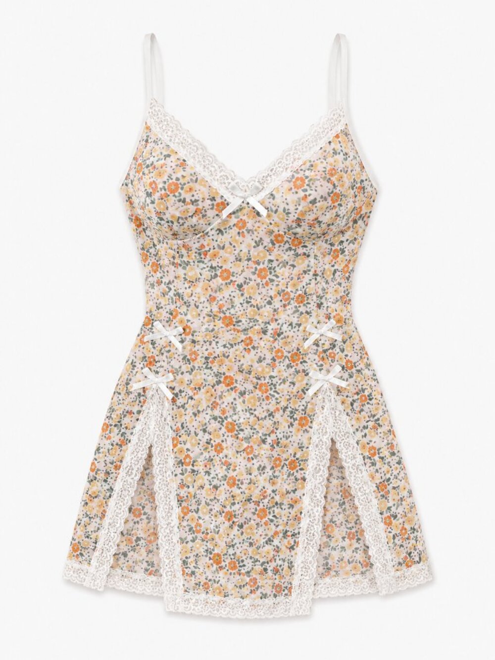 Floral Print Sheer Mesh Lingerie Set - Lace Trim Cami & Triangle Panty